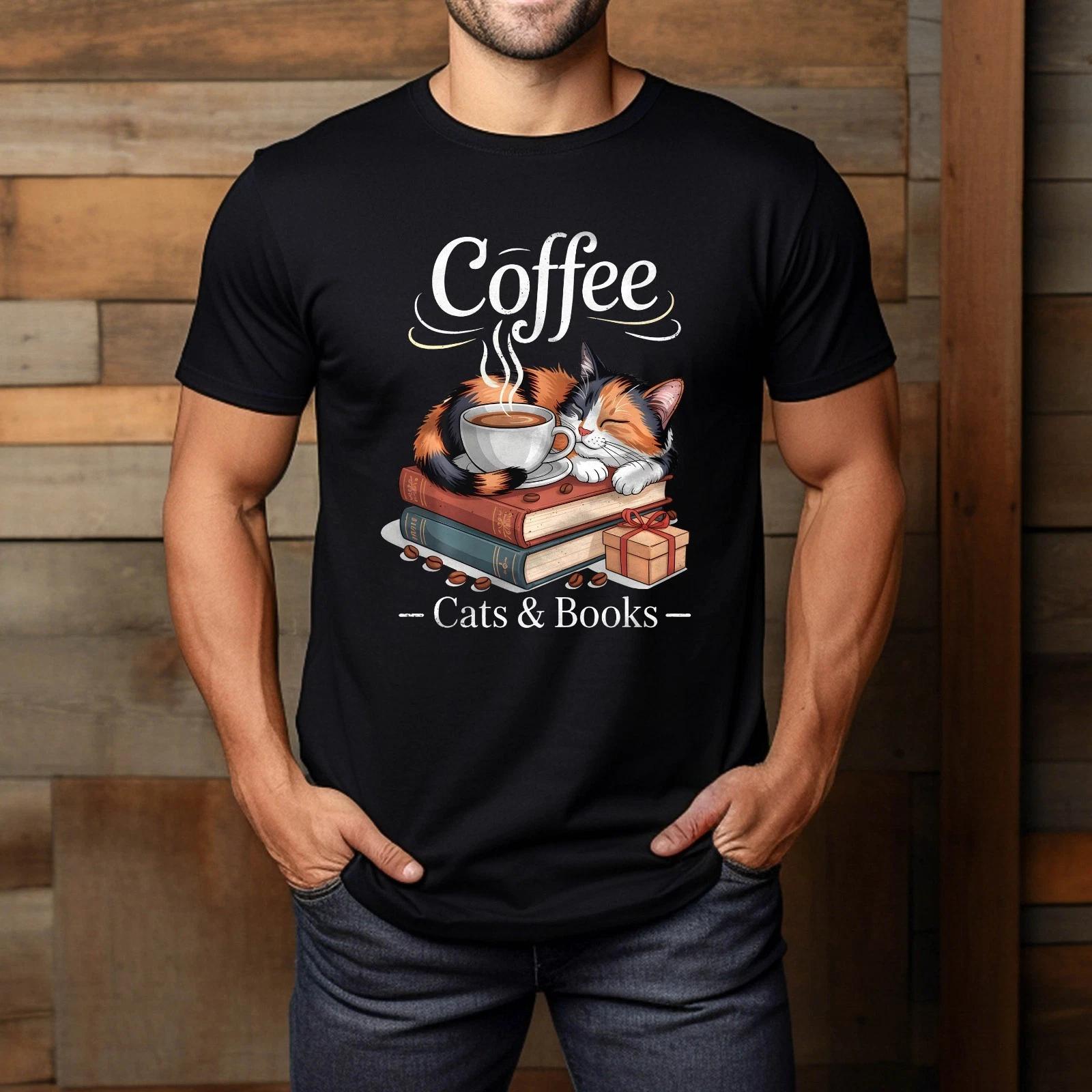 Coffee Cats And Books Cozy Calico Reader Love Cute Cat T-Shirt 4XL