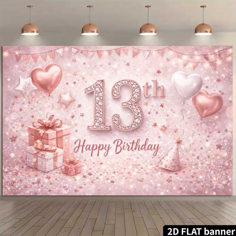 Sfondo Fotografico Diamante Rosa 2D per il 13° Compleanno Decorazione in Tessuto per Feste di Ragazze