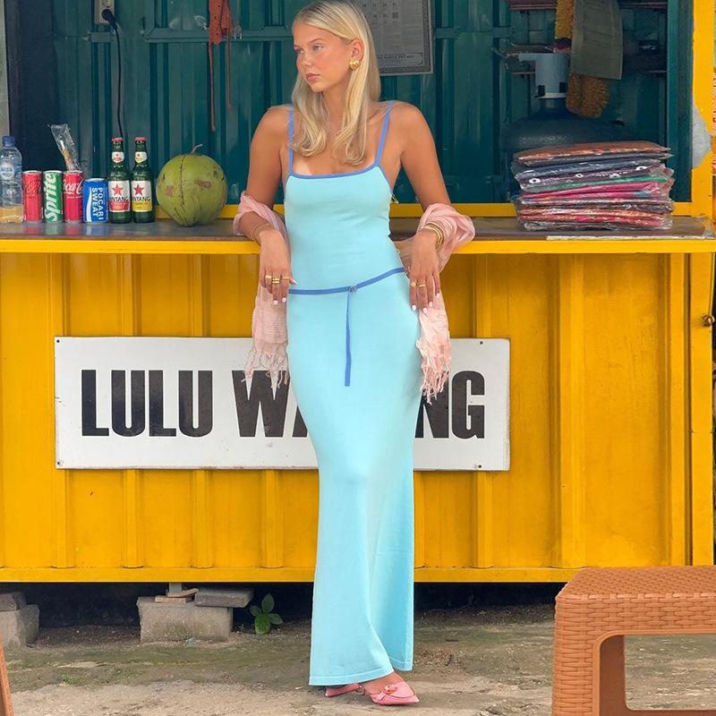 

Женское сексуальное уличное модное платье с контрастными цветами и ремешком на ремне, облегающее платье на бедрах M синий