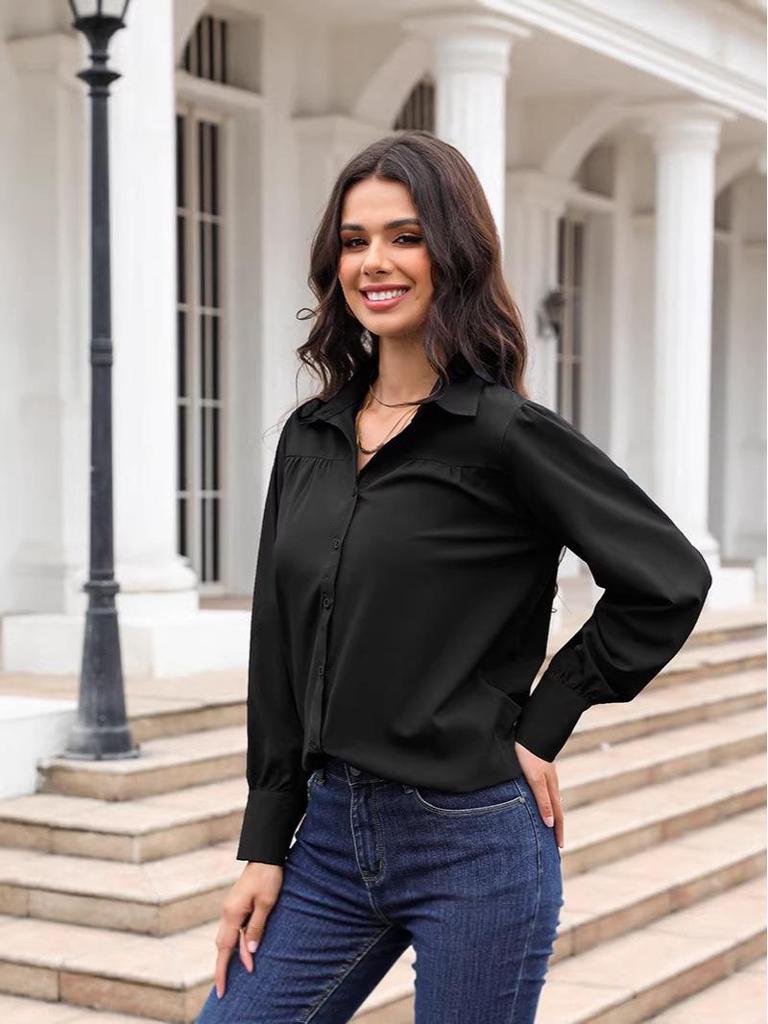 Women's Solid Color Stand Collar Loose Long Sleeve Button-Up Shirt