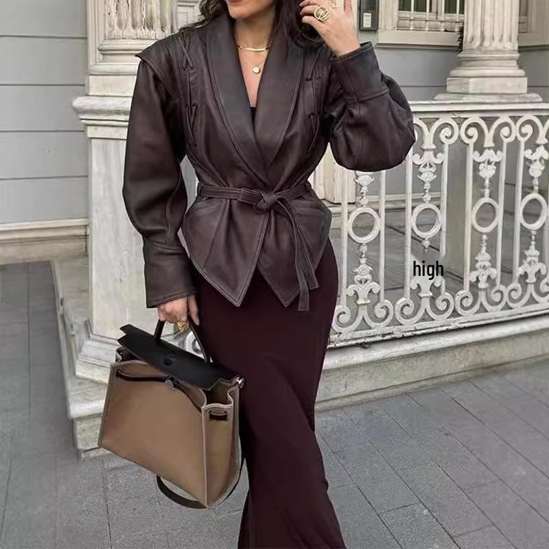 2024 Autumn/Winter European & American Fashion Lapel Tie Long Sleeve Leather Jacket