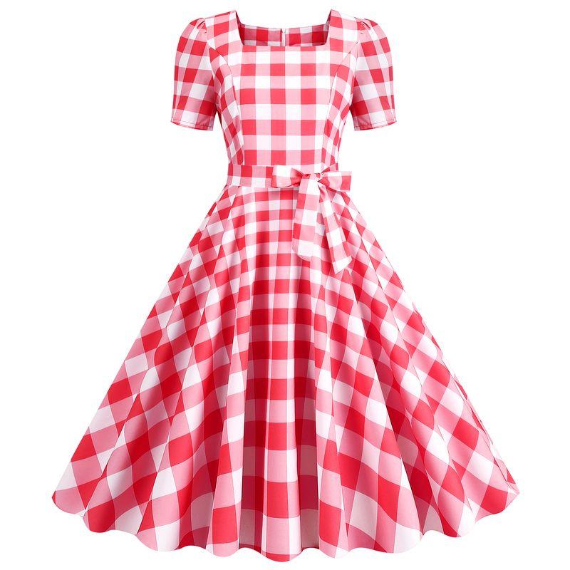 

French Retro S Sense Square Collar Plaid Slim Fit Tied Barbie Pink Short Sleeve Mid-Length Dress Dance Skirt Morning Gowns Red S