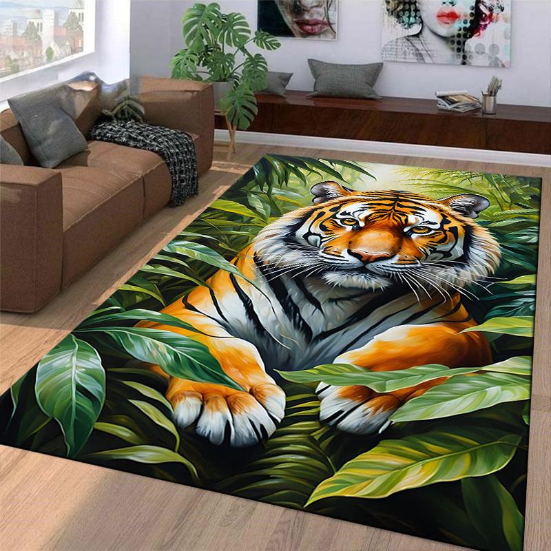 Tiger Print Carpet with Jungle Leaves Pattern for Home Decoration Suitable for use as an anti-slip for living room bedroom sofas