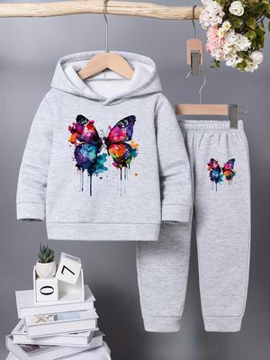 Girls' Casual Hooded 2pcs Set | Colored Butterfly Fashion Print Comfort Sweatshirt and Long Pants for Fall/Winter, for Outdoor