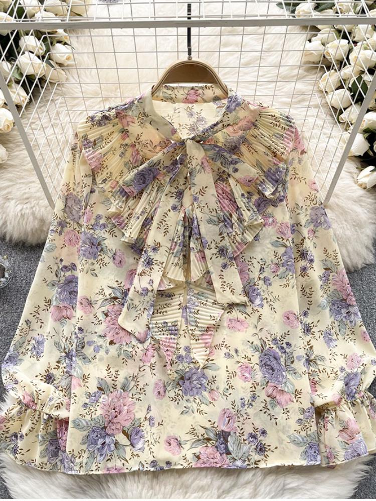 Damen Frühlingsbluse Elegantes Hemd mit Schleifenkragen Patchwork Plissierter Rüschenrand Slim Fit Oberteile Französischer Stil Puffärmel Lässige Bluse