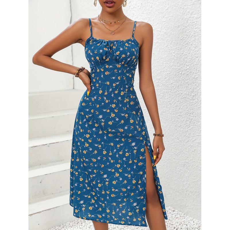 Women Floral Print Spaghetti Straps Summer Boho Beach Dress Print Elegant  Suspenders Square Neck Slit Dress Vestidos