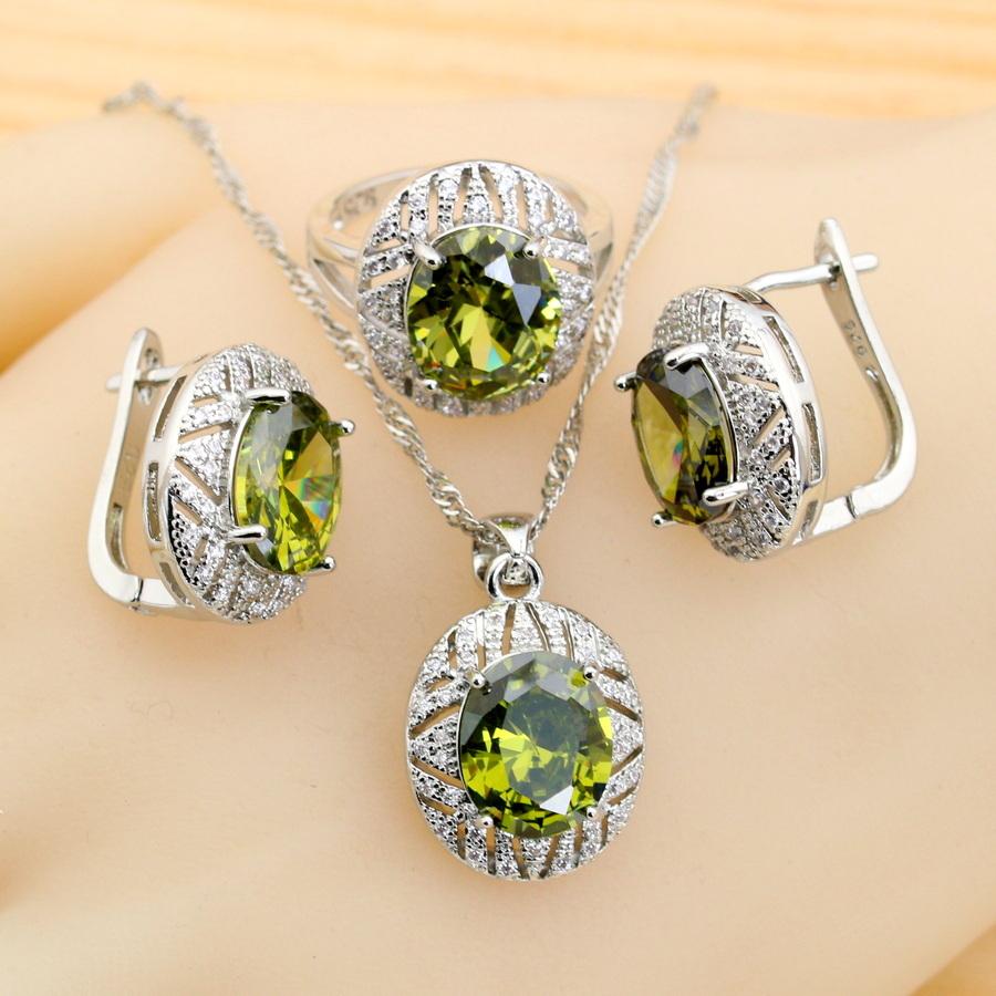 Luxus Olivgrün Zirkonia Schmucksets für Damen Hochzeits-Ohrringe Halskette Ring Armband Hochzeitsgeschenk 8 gray