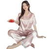 National Style Light Luxury Ice Silk Pajamas Women'S Summer Pink Flower Lace Short-Sleeved Trousers Loungewear