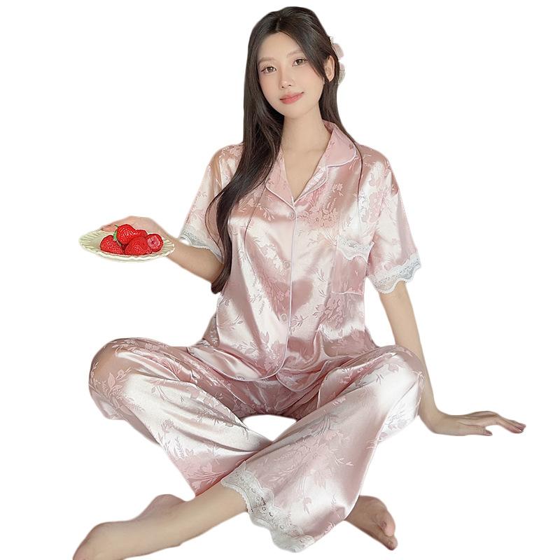 National Style Light Luxury Ice Silk Pajamas Women'S Summer Pink Flower Lace Short-Sleeved Trousers Loungewear