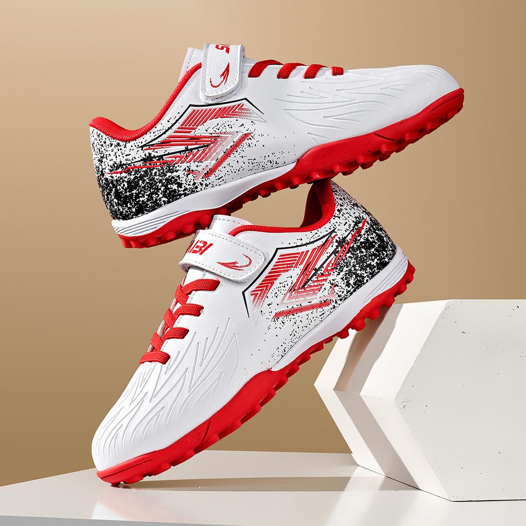 Kids TF Soccer Shoes PU Breathable Fabric Rubber Dense Stud Anti-slip Wear Resistant Boys Girls School Artificial Turf Training