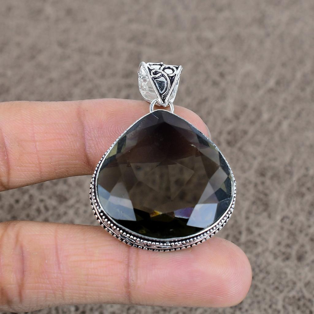 Smoky Topaz Gemstone Handmade 925 Sterling Silver Jewelry Pendant 1.89" KKG-48