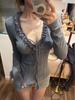 Chic Autumn/Winter Gray Lace V-Neck Tie-Up Slimming Velvet T-Shirt for Women