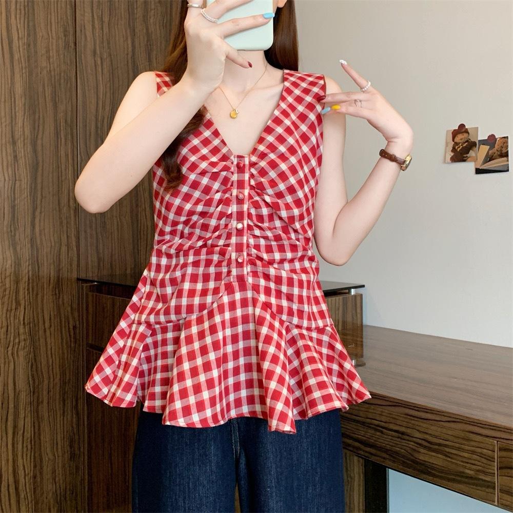 Korean V-neck blue plaid neck sling vest women's summer temperament sweet and spicy off-the-shoulder waist sleeveless top