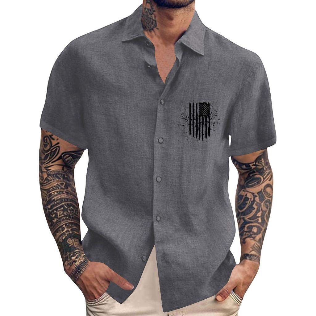 Pánské ležérní volné tričko s krátkým rukávem a potiskem a módním klopovým topem