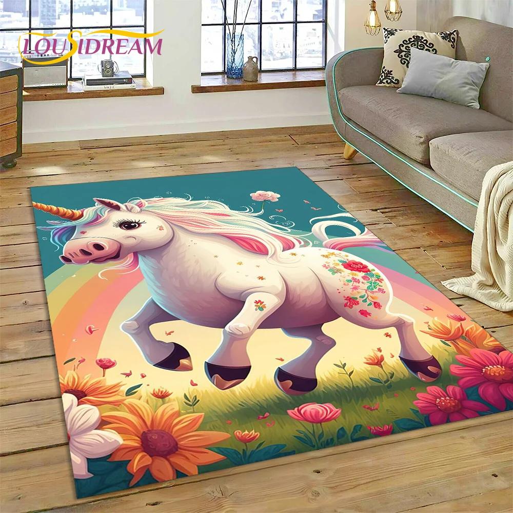 Dywan z kreskówkową, uroczą, jednorożcem, prezentem, dywanem do domu, salonu, sypialni, sofy, wycieraczką, dywanikiem do zabawy dla dzieci, antypoślizgową matą podłogową