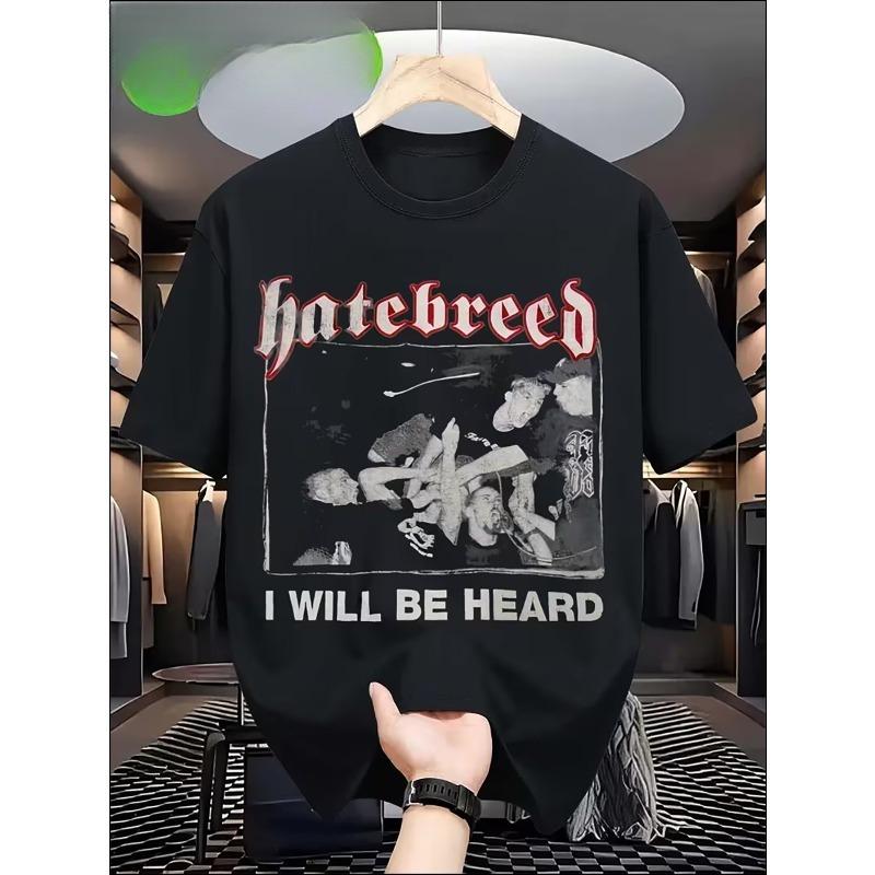 Европейский размер Мужская футболка с графическим принтом группы Hatebreed - Принт I Will Be Heard и логотип группы, Черная, с коротким рукавом, Свободный крой, Повседневная, Уличный стиль S разноцветный
