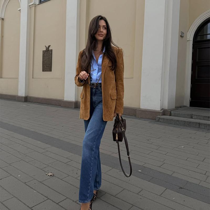 Dámská semišová bunda s klopovým límcem, jednoradové zapínání, khaki, s dlouhým rukávem, sako, módní na dojíždění, větruodolná, teplá bunda, podzim 2025