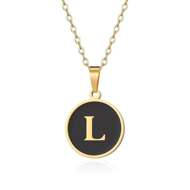 English letter oiled necklace, European and American trend titanium steel chain, round gold letter pendant collarbone chain