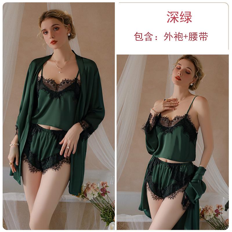 Women's Solid Satin Lace Cami Top Shorts with Robe Lounge Set