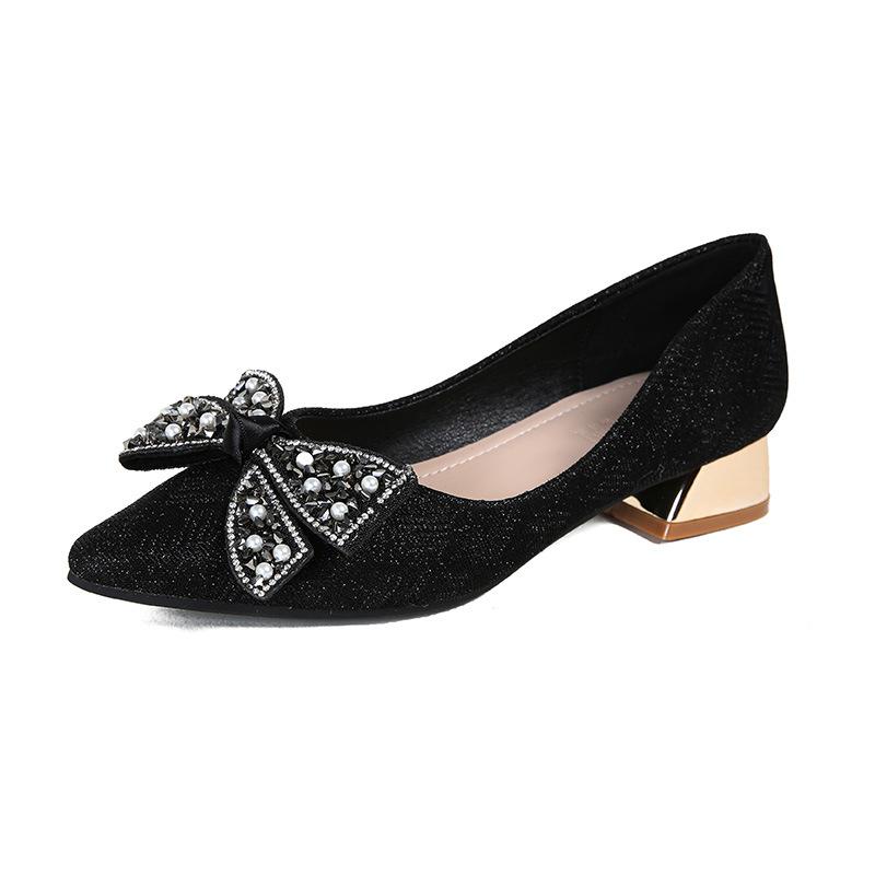 

Модные туфли-лодочки с бантиком из жемчужного бисера, женские туфли на низком каблуке из ткани с пайетками, хрустальные туфли с блестками и бантом для свадьбы, женские туфли на каблуке больших размеров 43 34 чёрный