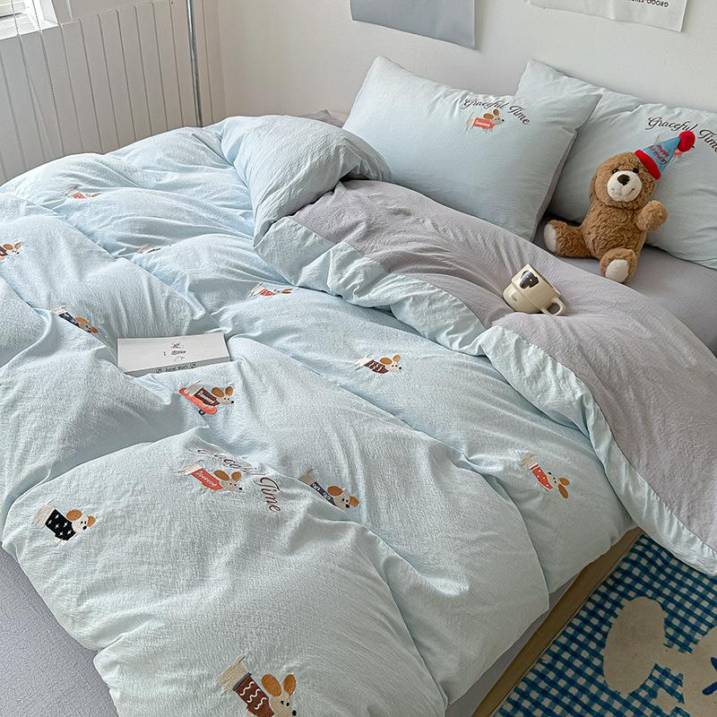 New bed four-piece set cartoon embroidery design student dormitory bed sheet quilt cover three-piece set machine washable