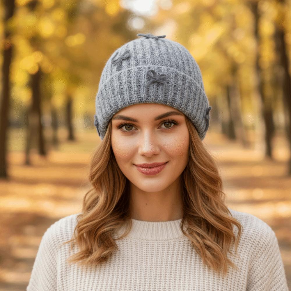 Bowknot Knitted Beanie Hat Thick Korean Sweet Bow Hat Fashion Woolen Pullover Hat Girls