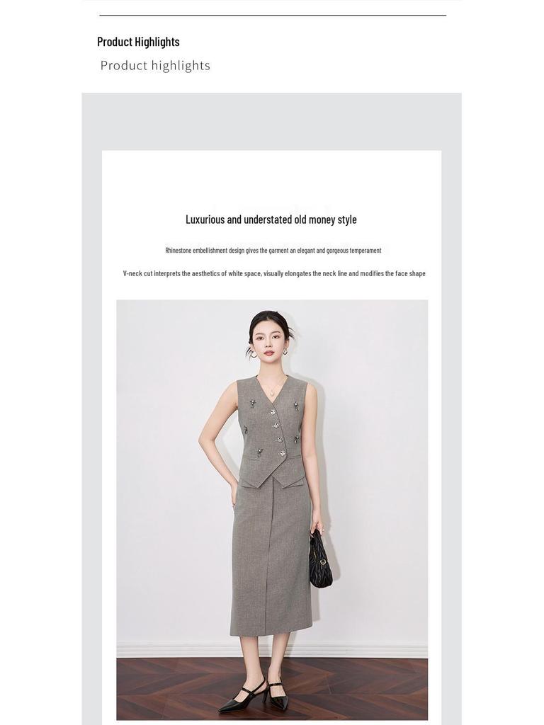 Old Money V-neck Button Vest & Fashionable Midi Skirt Two-piece Set