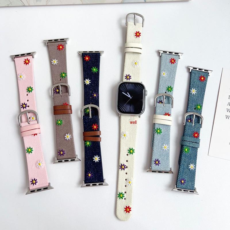 Compatible Embroidered Daisy Watch Strap for Apple Watch Series 11, Huawei FIT4, and Xiaomi 9Pro.
