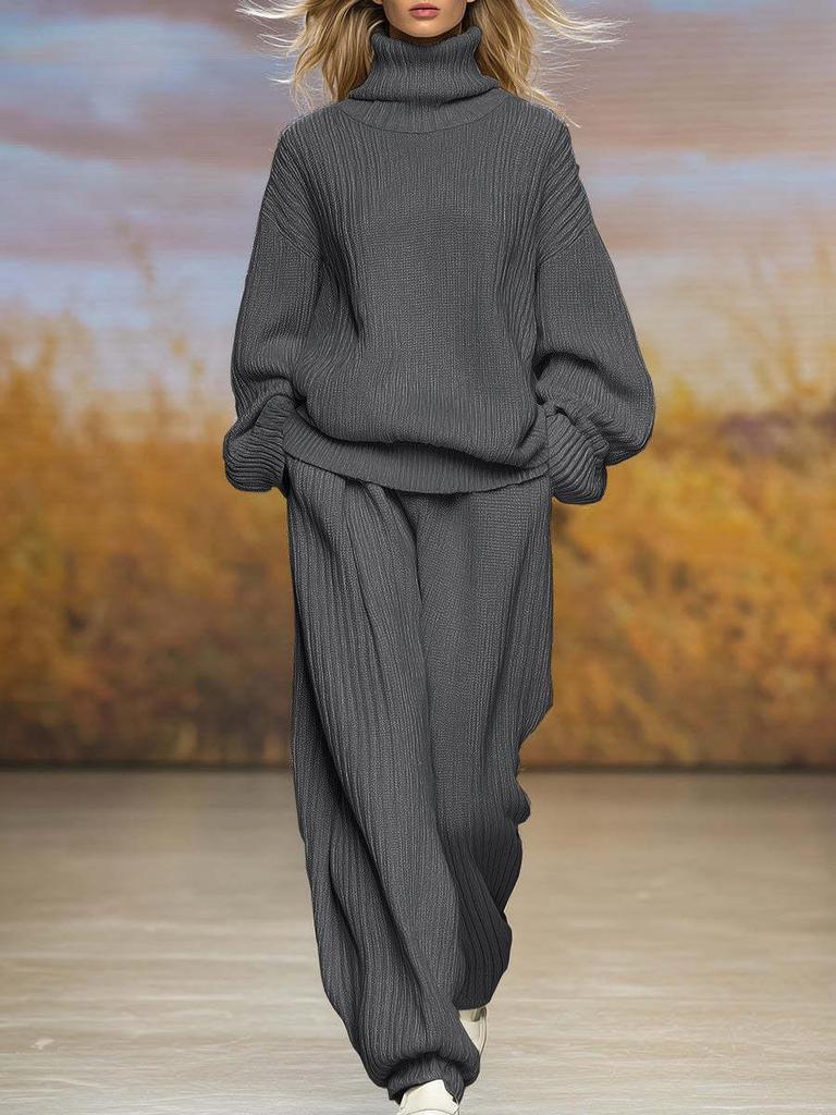 2025 Autumn/Winter Women's Casual Knit Set: High Neck Top & Wide Leg Pants