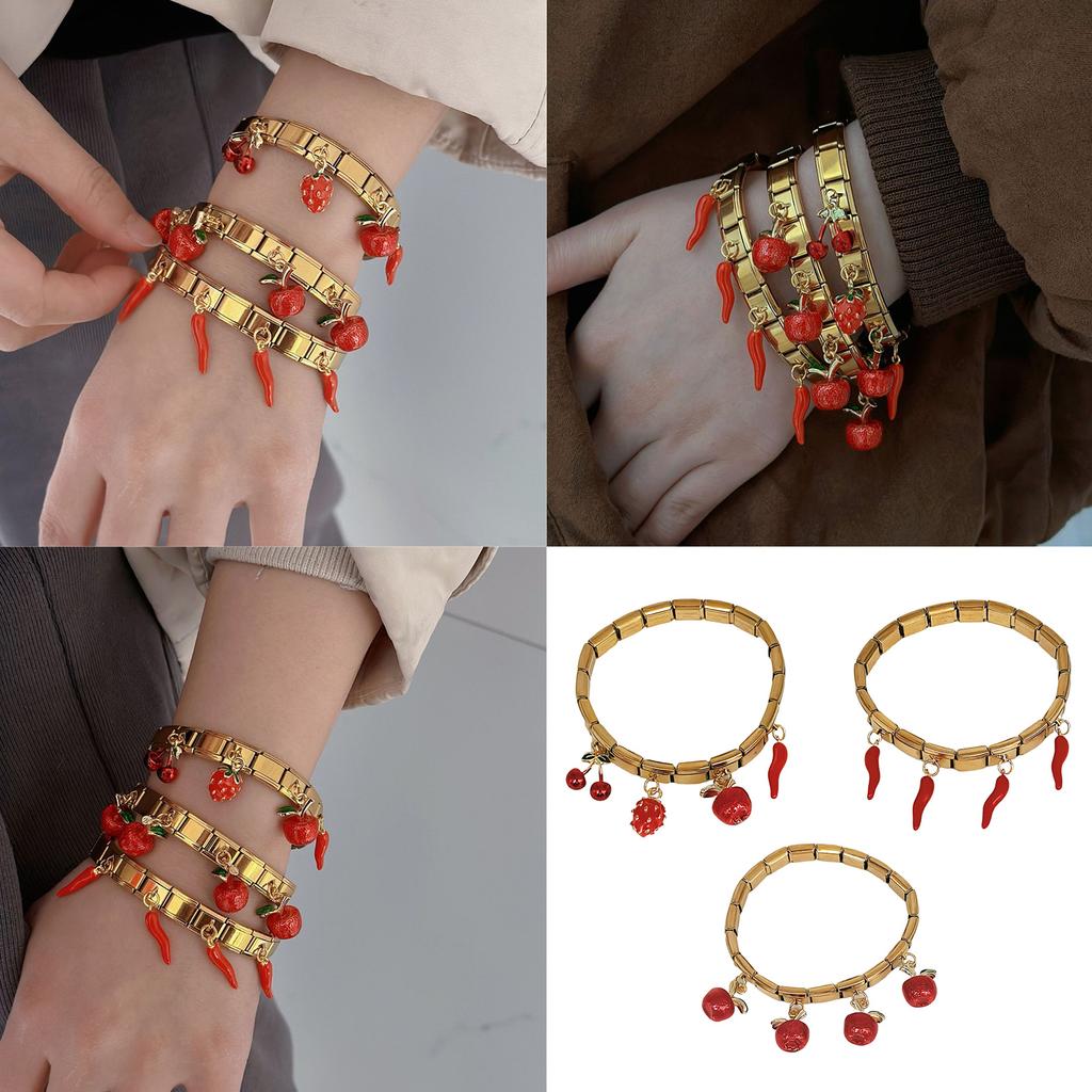Colorful Pendant Bracelet with Apples and Chili Charm Stainless Steel Bangle for Women and Girls Fashion Accessory