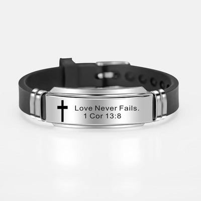 Fashion Cross Jesus Scripture Quote Bracelet Christian Bible Verse Inspiring Faith Stainless Steel Bracelets Silicone Wristband