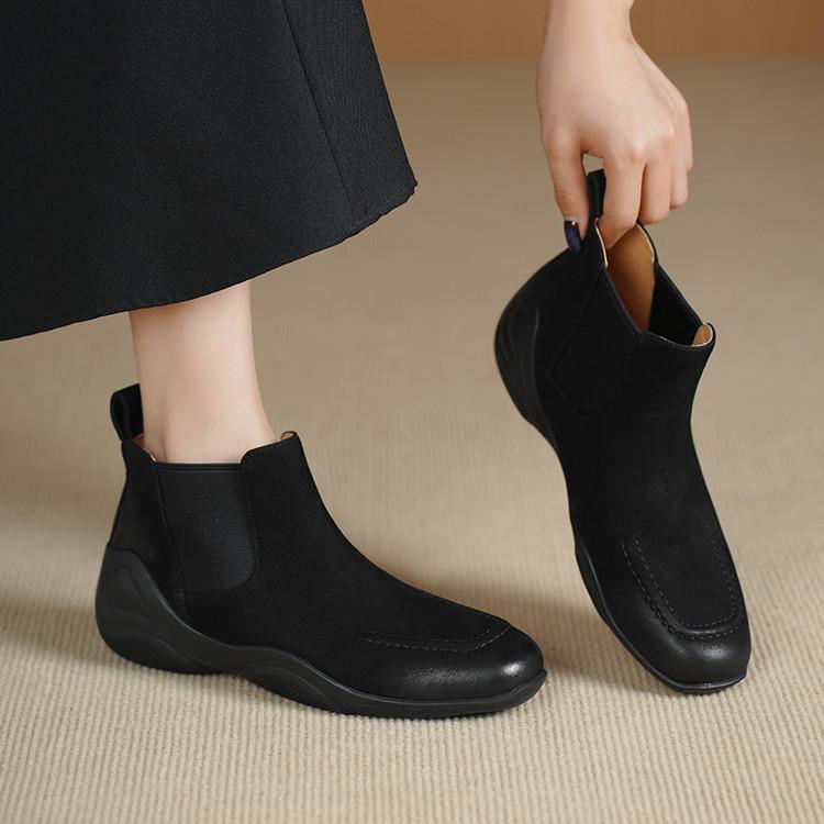 Polished Round Head Thick-soled Short Boots for Women's 2025 Autumn and Winter New Soft-soled Comfortable Niu Bago Leather Elastic Single Boots