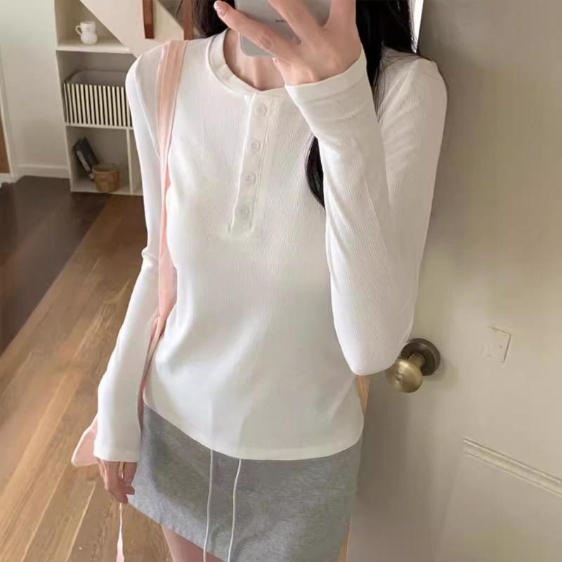 Front shoulder single-breasted long-sleeved T-shirt women's spring new simple and versatile top white bottoming shirt