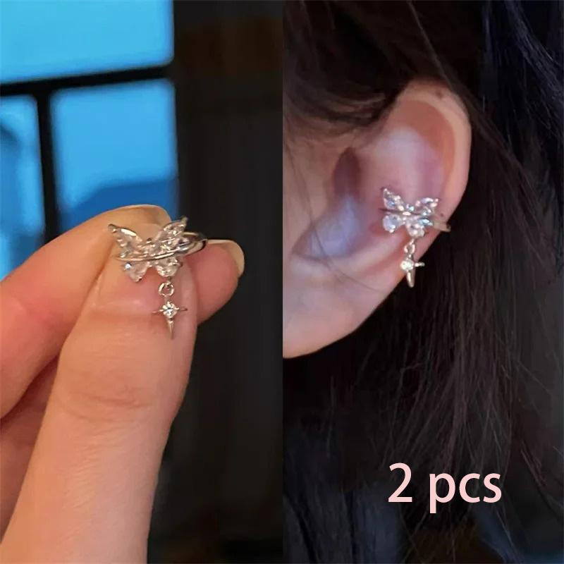 2PCS Sliver Color Butterfly Star Star Ear Clip Bone Nail New Fashion Earrings for Women No Drilling Cochlea Anti-allergy Gift