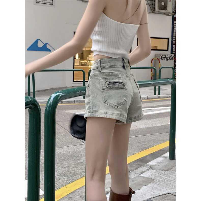 Retro Spicy Girl High Waist Denim Shorts - Women's Summer Slimming Wide-Leg Hot Pants with Pockets and Zippers