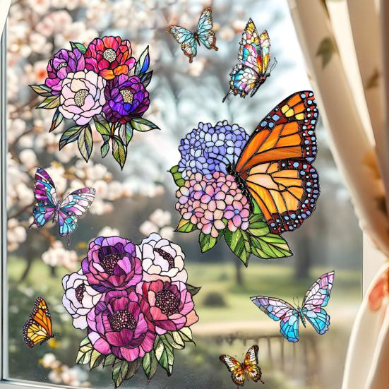 Butterfly Flower Window Cling Double-Sided Removable Waterproof PVC Floral Static Glass Sticker Home Office Decoration Decal