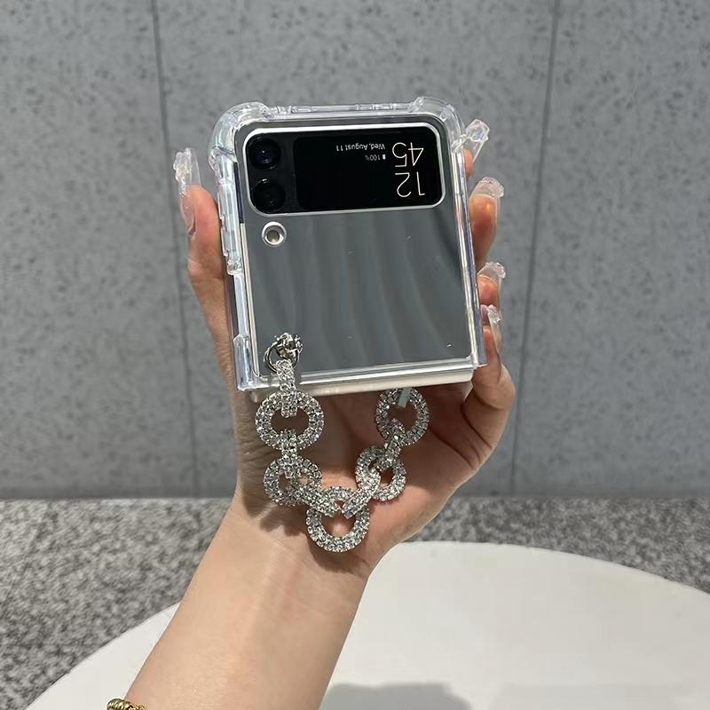 Pulsera de Cadena Geometría con Pedrería Brillante Coreana Espejo Funda Para Samsung Galaxy Z Flip 3 5g Z Flip3 Zflip3 Zflip4 Cubierta