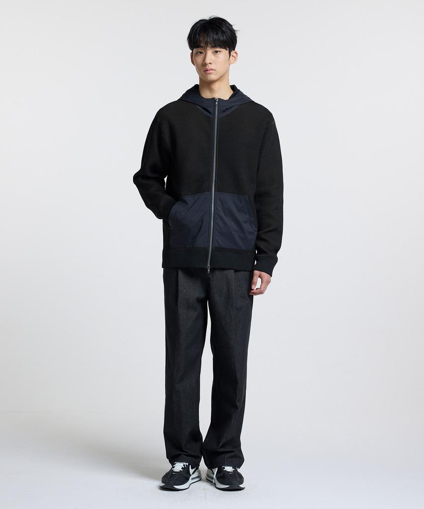 Stco Nylon Contrast Zip-Up Hoodie Knit_Black (Semi-Oversized Fit)_Swiwa04Nsb