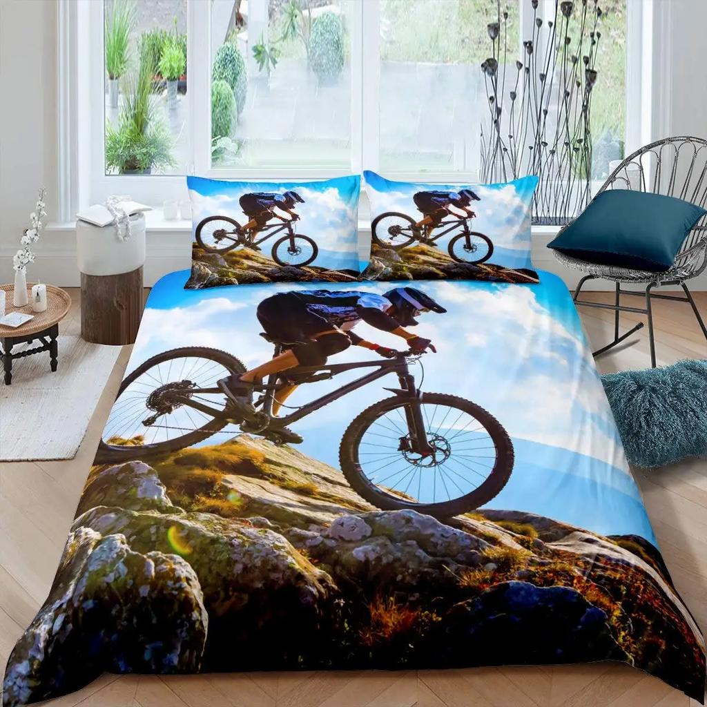 Bicycle Rider Duvet Cover Toddler Size for KidsMountain Bike Bedding Set for Teens AdultsWatercolor Quilt Cover