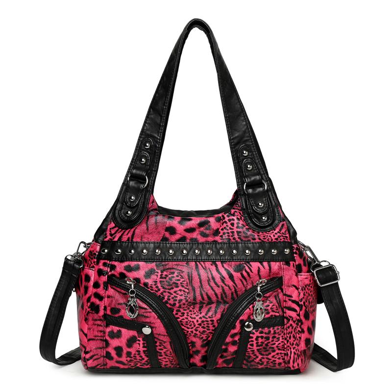 Leopard Print PU Leather Women Tote Shoulder Bag Rivet Decor Multi Pockets Large Capacity Casual Crossbody Handbag