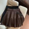 Grey High-Waisted Pleated A-Line Skirt for Women - Autumn White Short Style