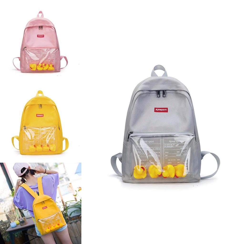 Durable Canvas Womens Backpack With Fun Duck Toy And Transparent School Bag Design