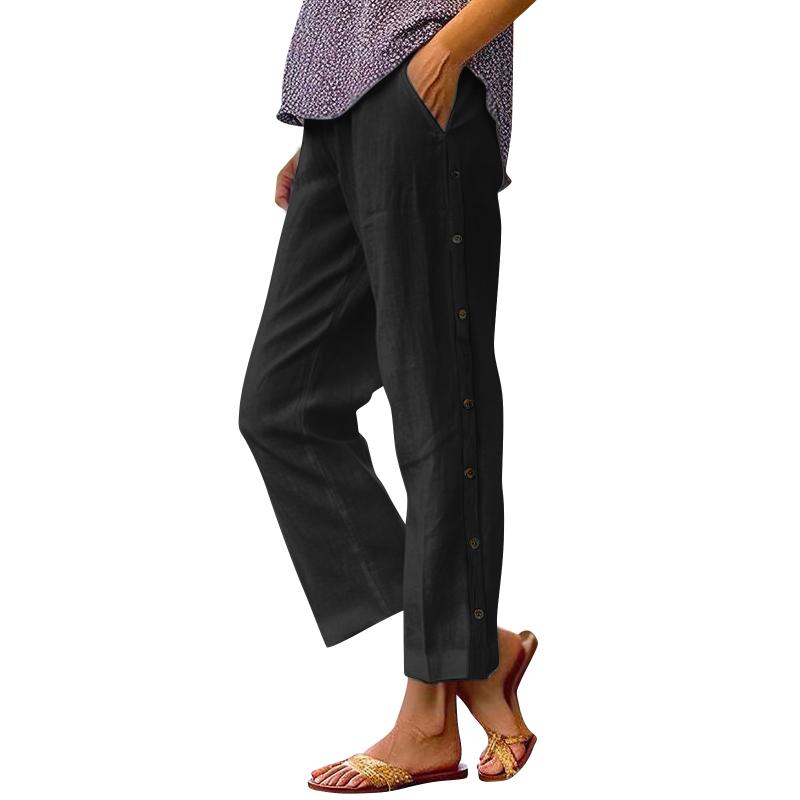 Women's New Breathable Cropped Pants Decorative Buckle Side Pocket High Waist Loose Casual Pants