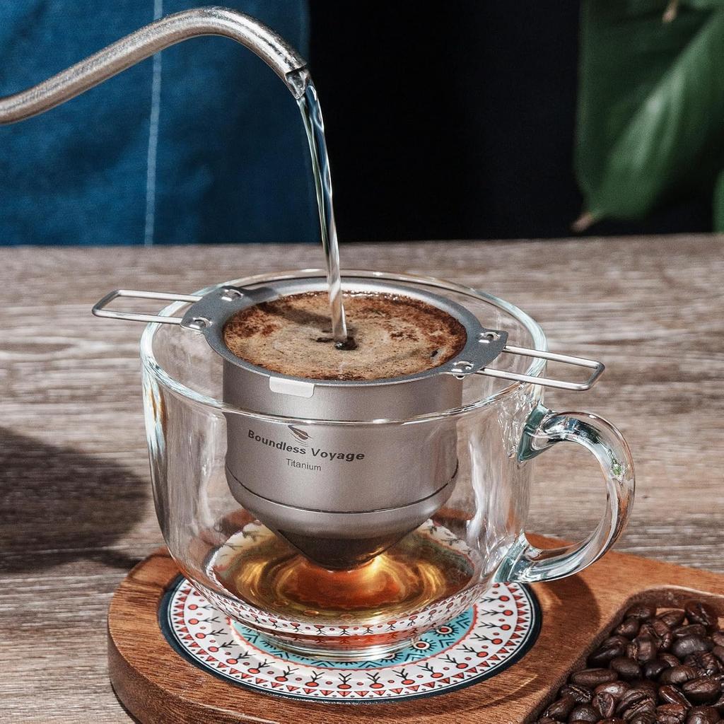 Boundless Voyage Titanium Coffee Dripper - No Paper Filters Needed - Coffee Filter Holder - 1-4 Cup Capacity - Paperless Coffee Drip - Mesh Filter - L
