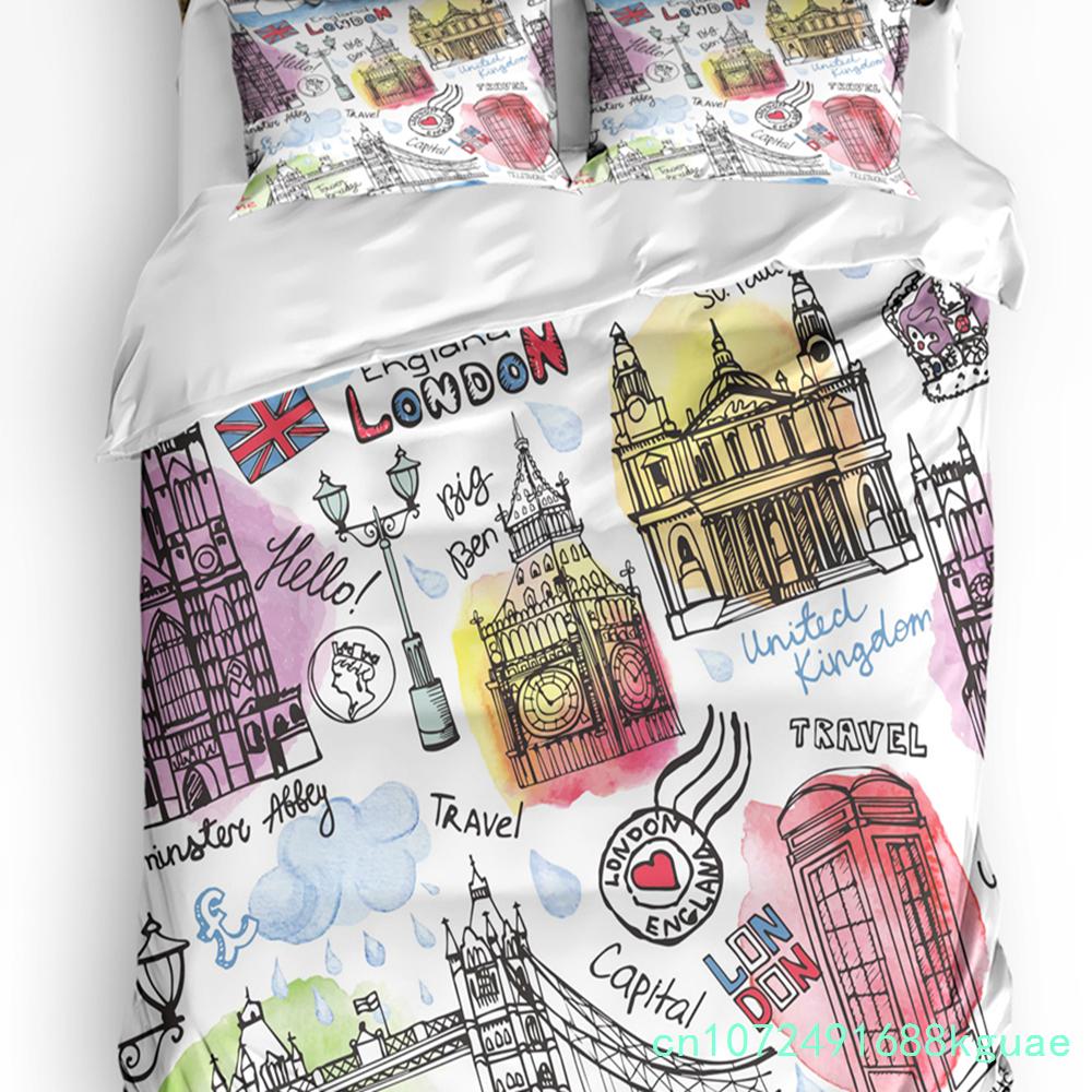 Tea Party Bettwäsche-Set für Schlafzimmer Bett Zuhause London Zeitung Inspiriertes Hintergrundmuster mit Grunge Bettbezug Steppdeckenbezug Kissenbezug