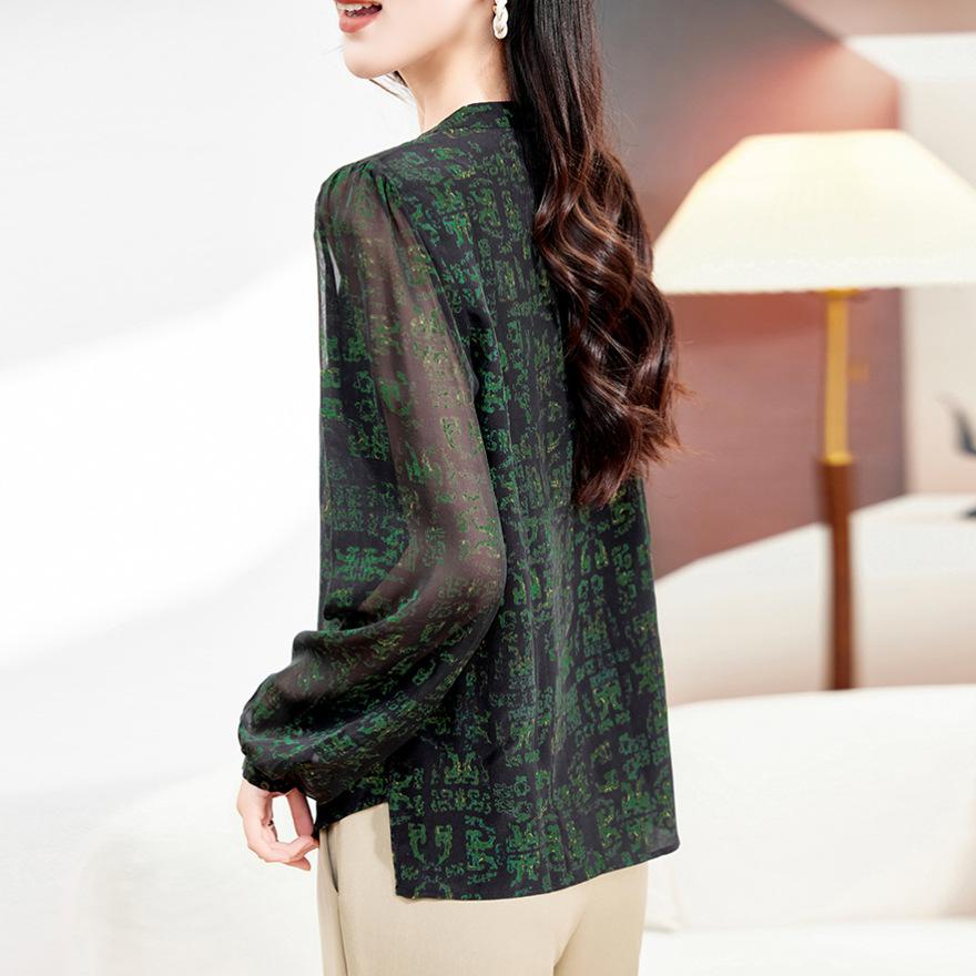 Fashion Crew Neck Silk Shirt Women's Temperament Elegant Printed Mulberry Silk Shirt