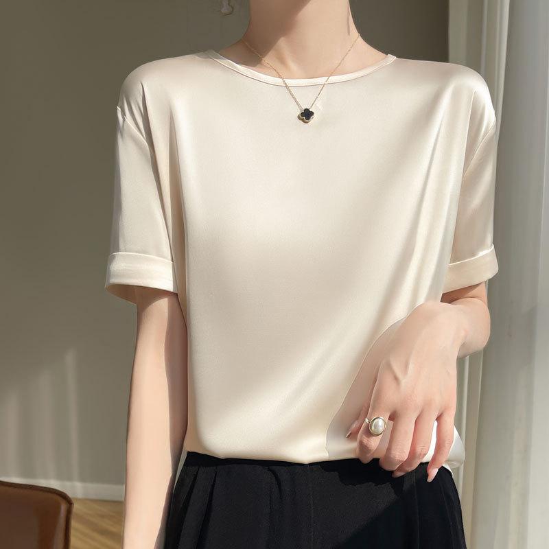 Women's Satin Short Sleeve T-Shirt Crew Neck Loose Plus Size Solid Color Basic Casual Summer Top