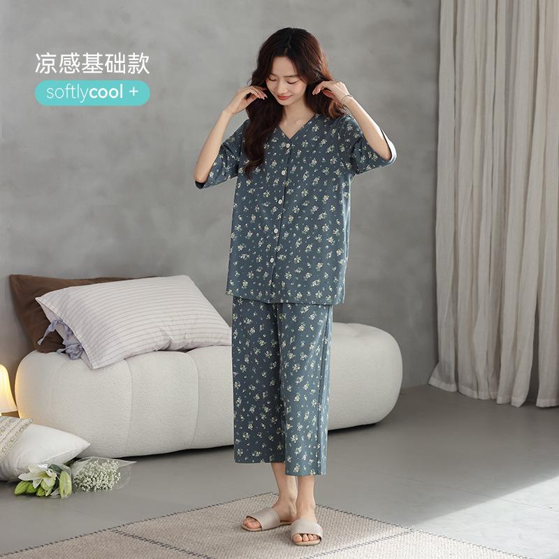 Pajamas women's pure cotton summer five-point-sleeved seven-point pants summer cool thin cotton half-sleeved large-size mother loungewear