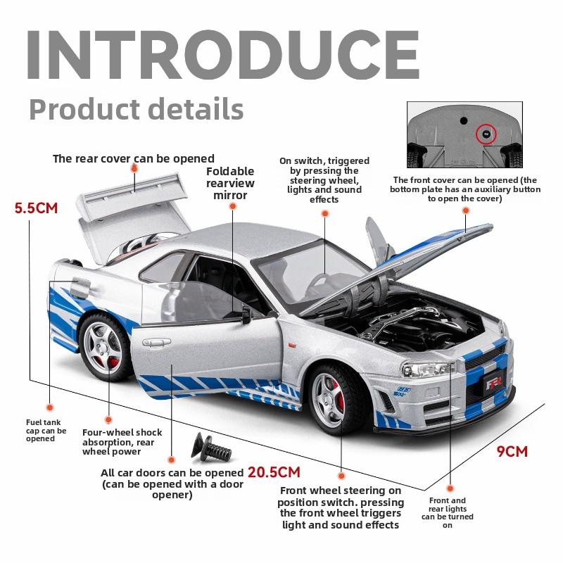 1/24 Skyline GTR R34 Static Diecast Car Sound Light Pull Back Detailed Rubber Tires Desktop Hobby Collectible Boys Gift