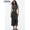 Zaprha 2025 Summer New Clamshell Linen Button Belt round Neck Sleeveless Midi Dress 8416712